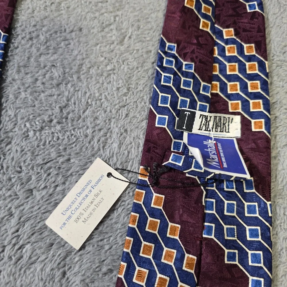 Talyari Mens OS Necktie Burgundy Blue Gold Geometric Diamond 100% Italian Silk